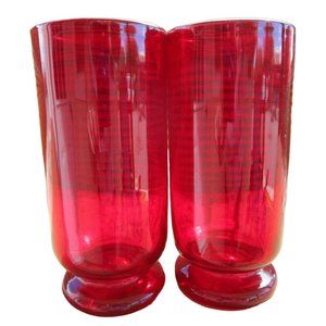 Vintage Ruby Red Footed Tumblers Hand Blown Rough Pontil Rolled Rim a Pair Very